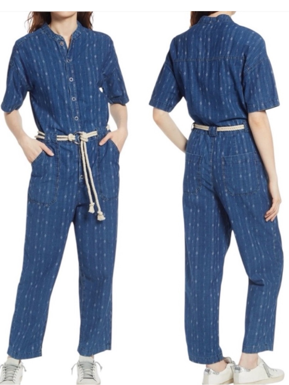 AG JEANS emery stripe geo print cotton denim jumpsuit NO BELT SZ XS